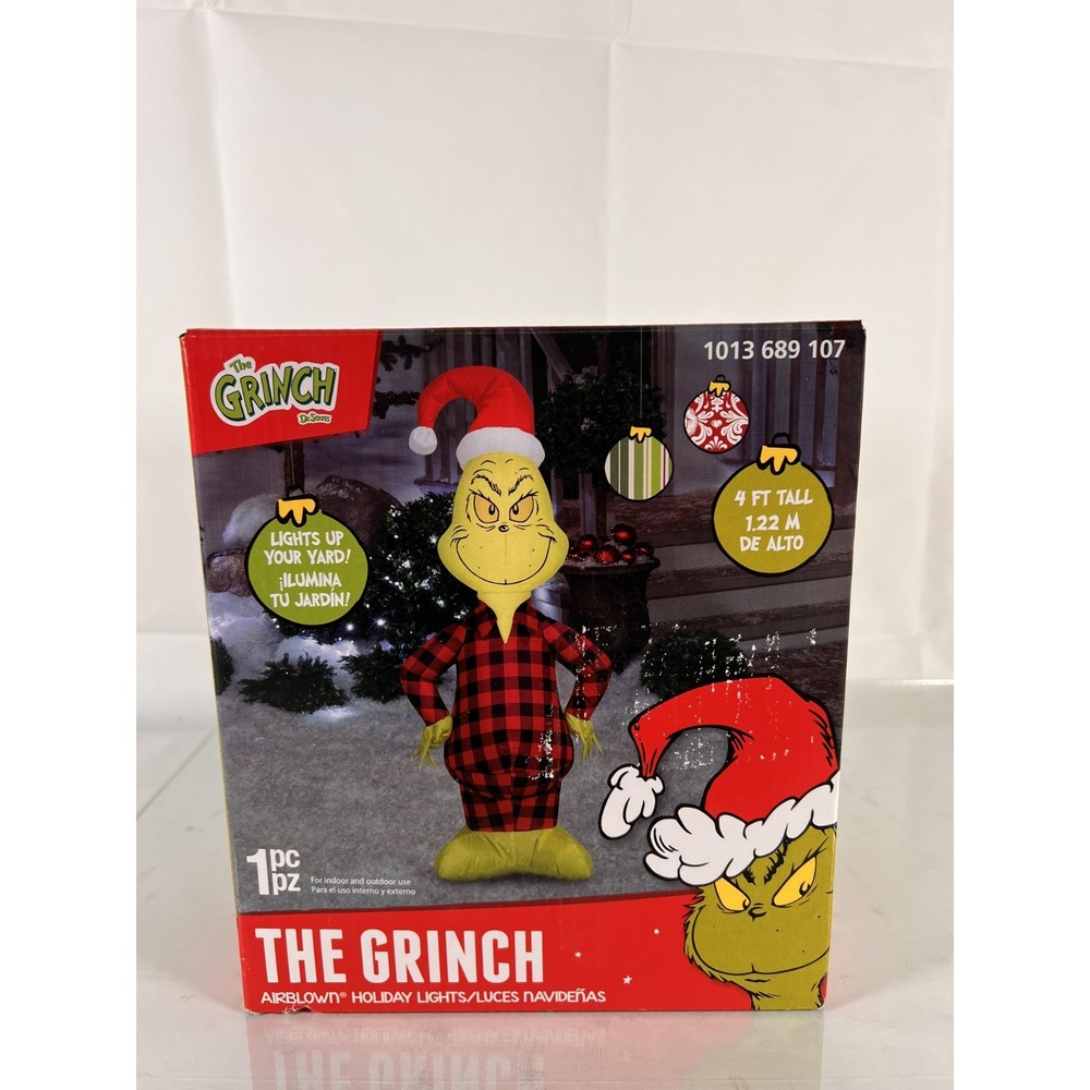 The‎ Grinch Inflatable in Plaid Christmas PJ's Santa Hat 4ft New In Box